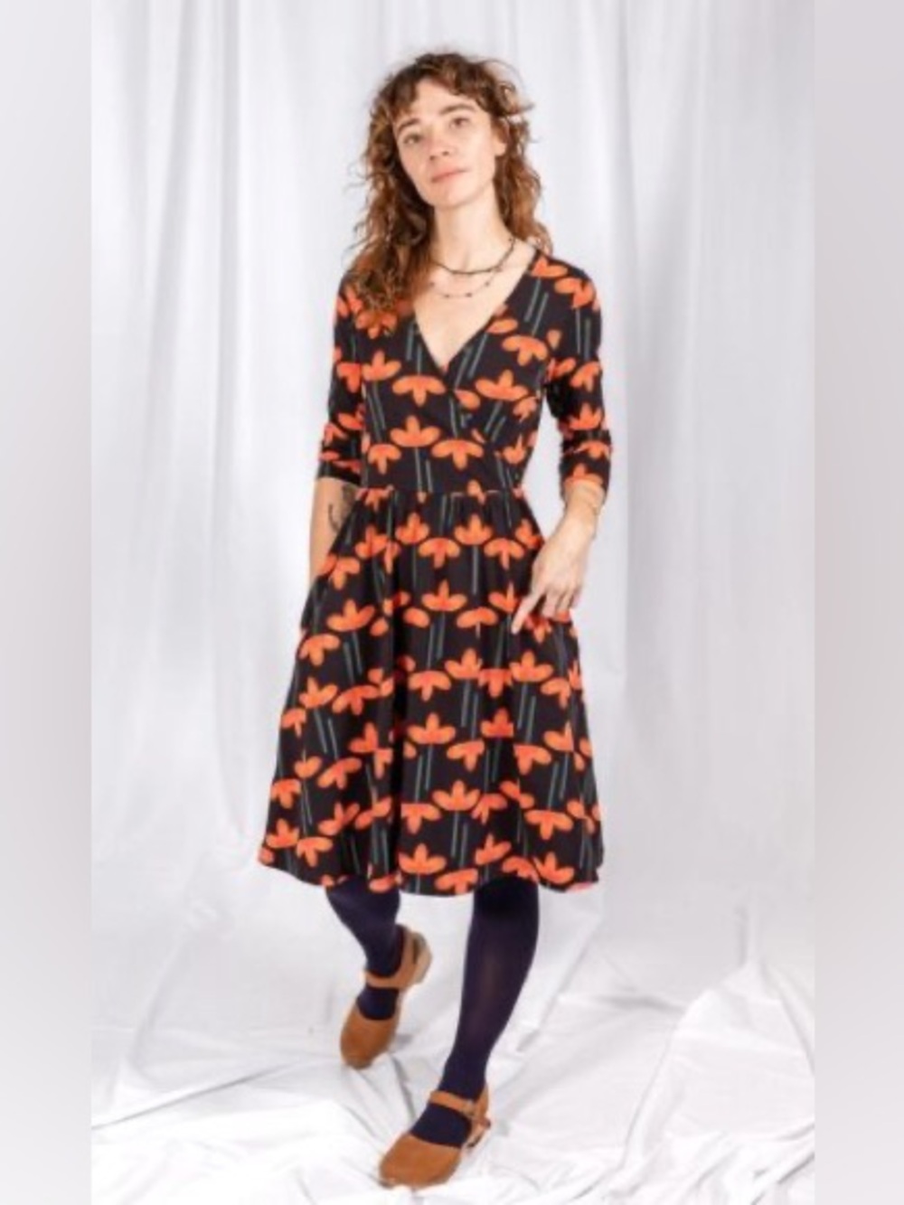 Matilda Jane Black/Orange Poppy Floral Wrap Jersey Midi Dress Size 1X